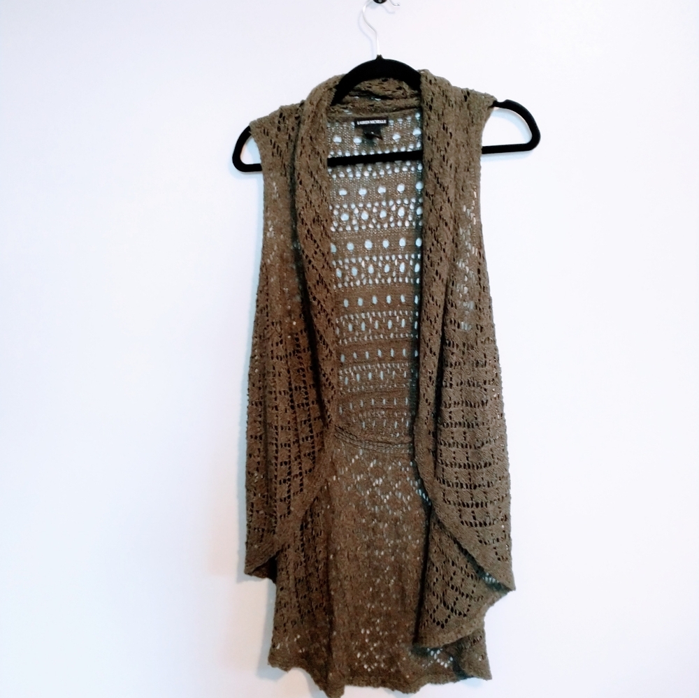Lauren Michelle khaki green open knit of circle vest with draped detail in the f